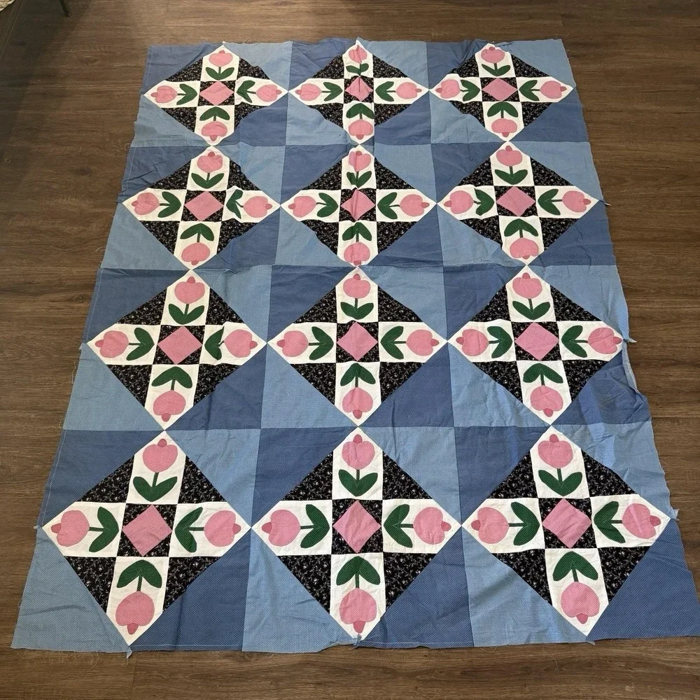 Vintage Antique Hand Pieced Quilt Top Tulip Flowers Floral 64 x 84 UNFINISHED